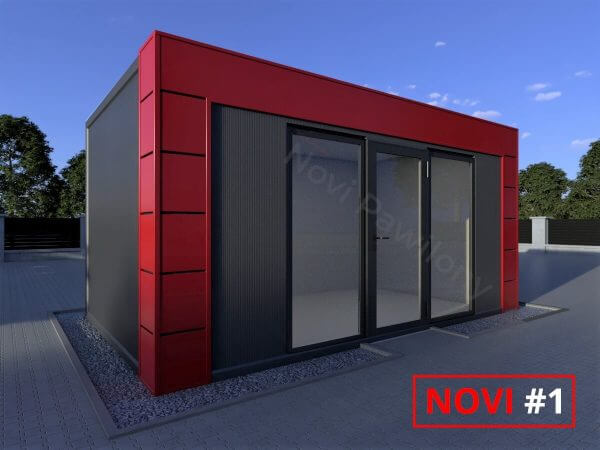 Projekt 3D czarno-czerwonego pawilonu - kontenera z płyty warstwowej Novi #1