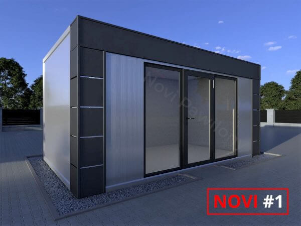 Projekt 3D szaro-czarnego pawilonu - kontenera z płyty warstwowej Novi #1