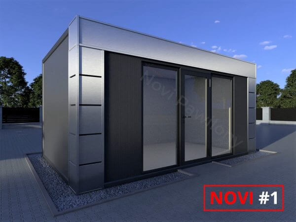 Projekt 3D czarno-szarego pawilonu - kontenera z płyty warstwowej Novi #1