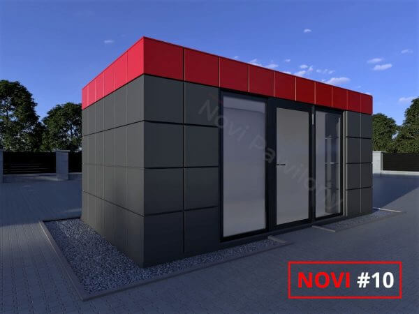 Projekt 3D czarno-czerwonego pawilonu - kontenera z płyty warstwowej Novi #10