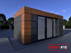 Projekt 3D czarno-brązowego pawilonu - kontenera z płyty warstwowej Novi #10