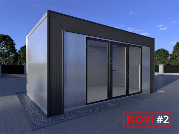 Projekt 3D szaro-czarnego pawilonu - kontenera z płyty warstwowej Novi #2