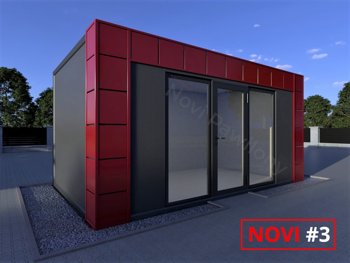 Projekt 3D czarno-czerwonego pawilonu - kontenera z płyty warstwowej Novi #3