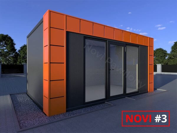 Projekt 3D czarno-pomarańczowego pawilonu - kontenera z płyty warstwowej Novi #3