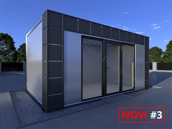 Projekt 3D szaro-czarnego pawilonu - kontenera z płyty warstwowej Novi #3