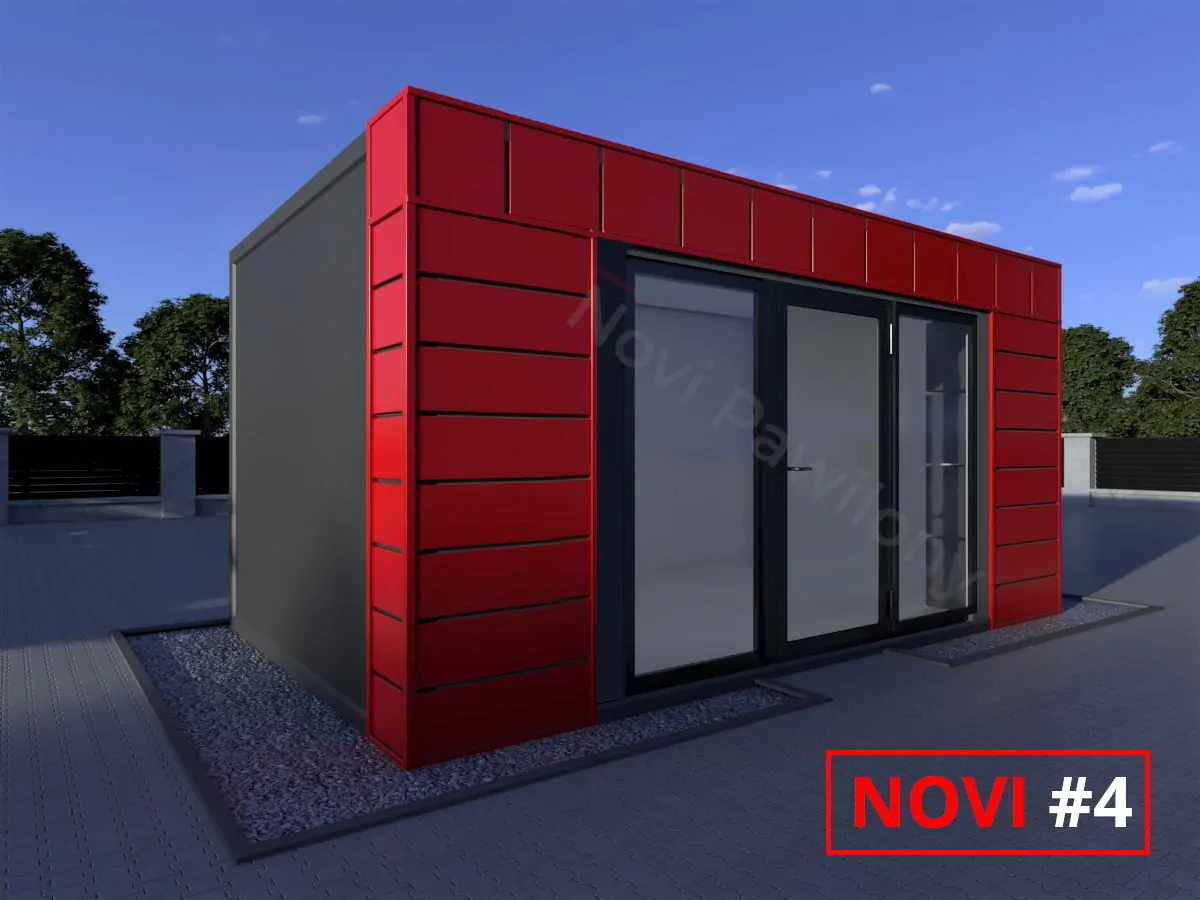 Projekt 3D czarno-czerwonego pawilonu - kontenera z płyty warstwowej Novi #4