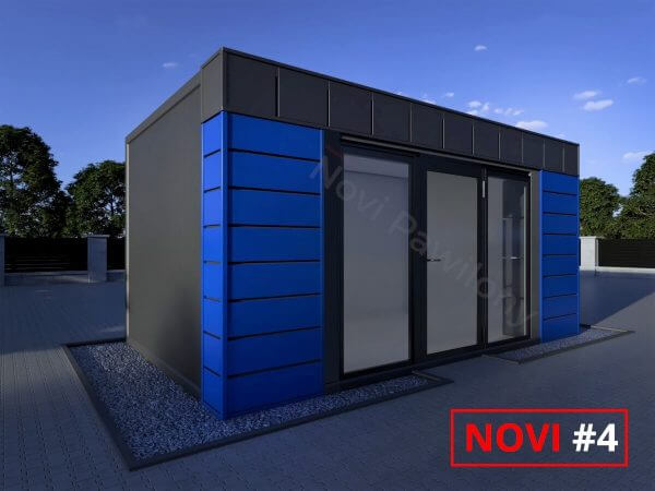Projekt 3D czarno-niebieskiego pawilonu - kontenera z płyty warstwowej Novi #4