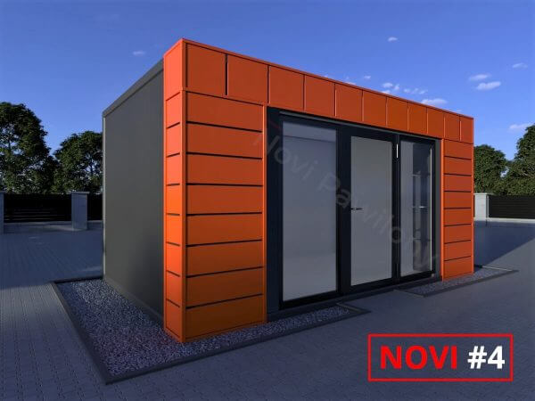 Projekt 3D czarno-pomarańczowego pawilonu - kontenera z płyty warstwowej Novi #4