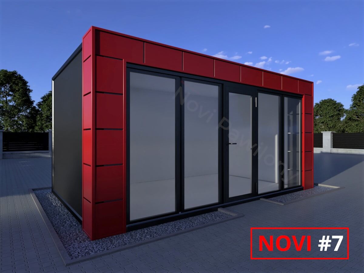 Projekt 3D czarno-czerwonego pawilonu - kontenera z płyty warstwowej Novi #7