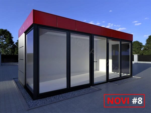 Projekt 3D szaro-czerwonego pawilonu - kontenera z płyty warstwowej Novi #8