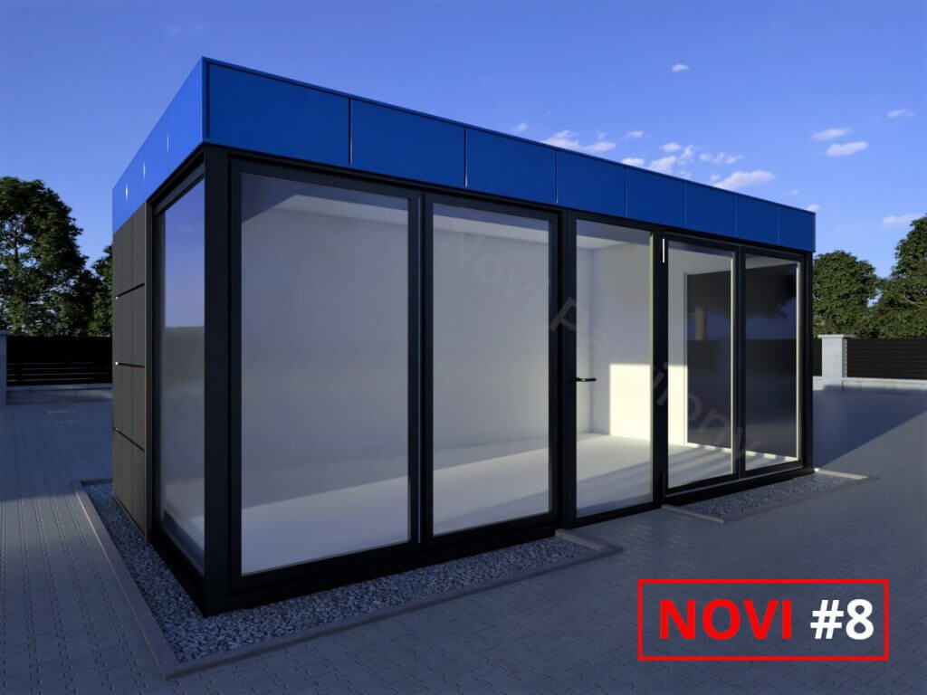 Projekt 3D czarno-niebieskiego pawilonu - kontenera z płyty warstwowej Novi #8