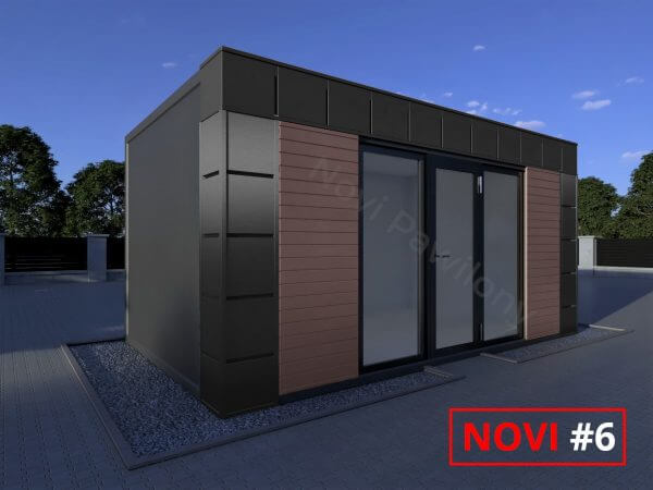 Projekt 3D czarno-brązowego pawilonu - kontenera z płyty warstwowej Novi #6