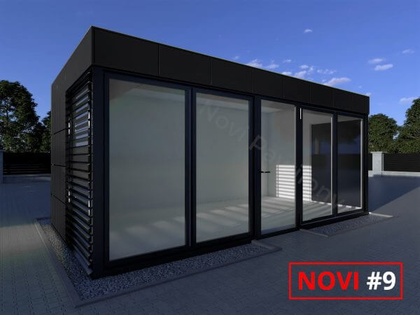 Projekt 3D czarno-brązowego pawilonu - kontenera z płyty warstwowej Novi #9